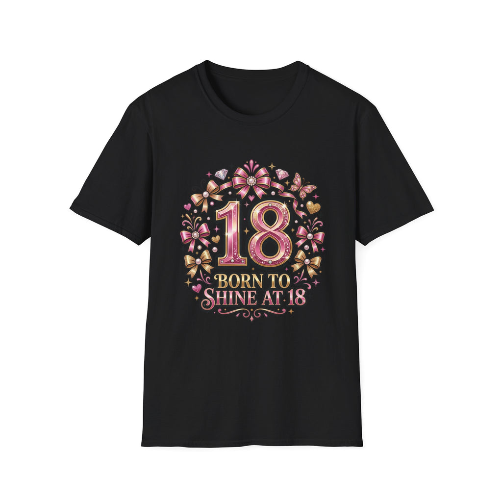 18th Birthday T-Shirt — "Born to Shine at 18" Pink Sparkle Celebration Tee