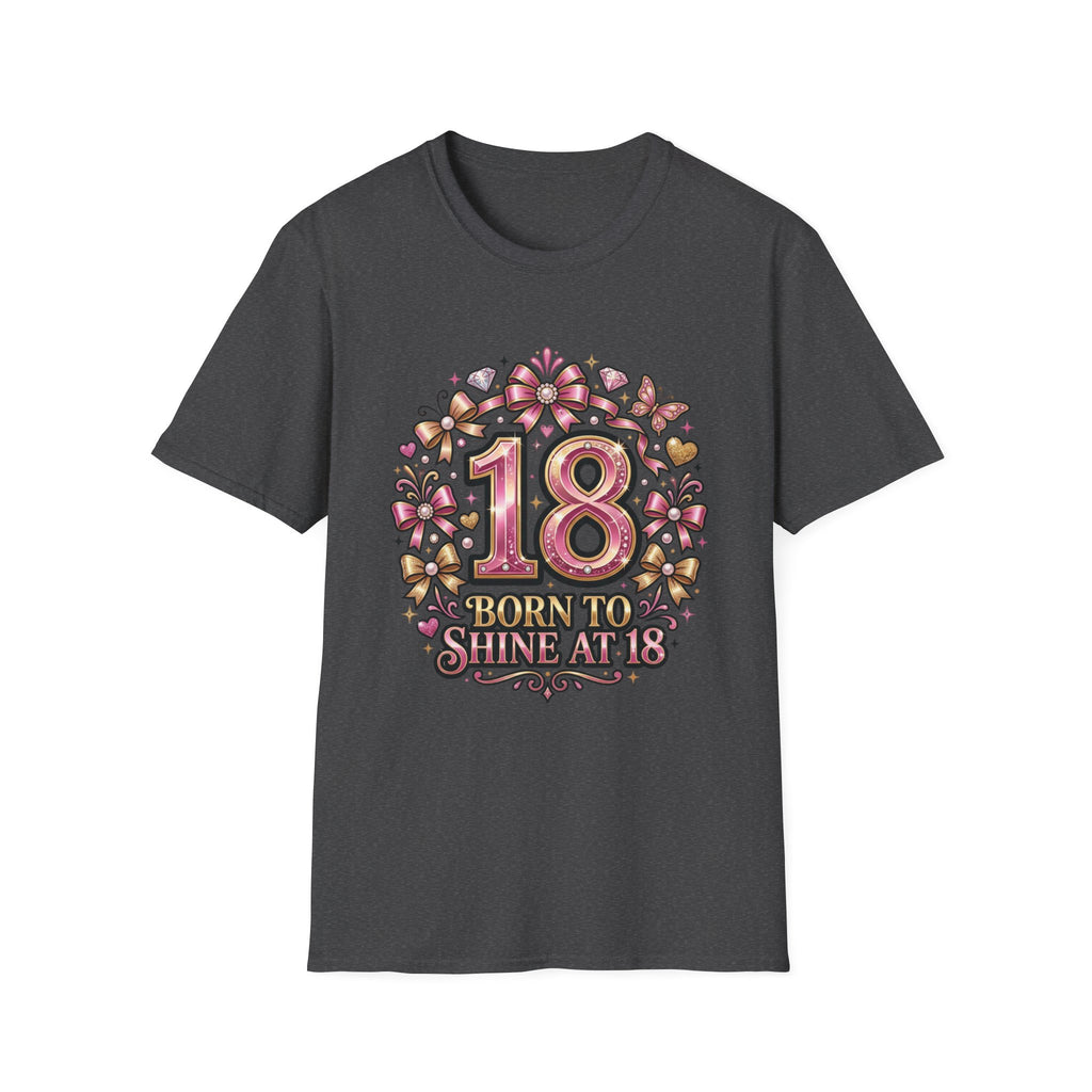 18th Birthday T-Shirt — "Born to Shine at 18" Pink Sparkle Celebration Tee