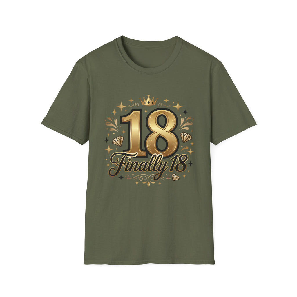 18th Birthday T-Shirt — "Finally 18" Gold Celebration Tee