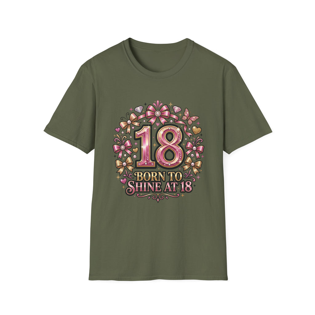 18th Birthday T-Shirt — "Born to Shine at 18" Pink Sparkle Celebration Tee