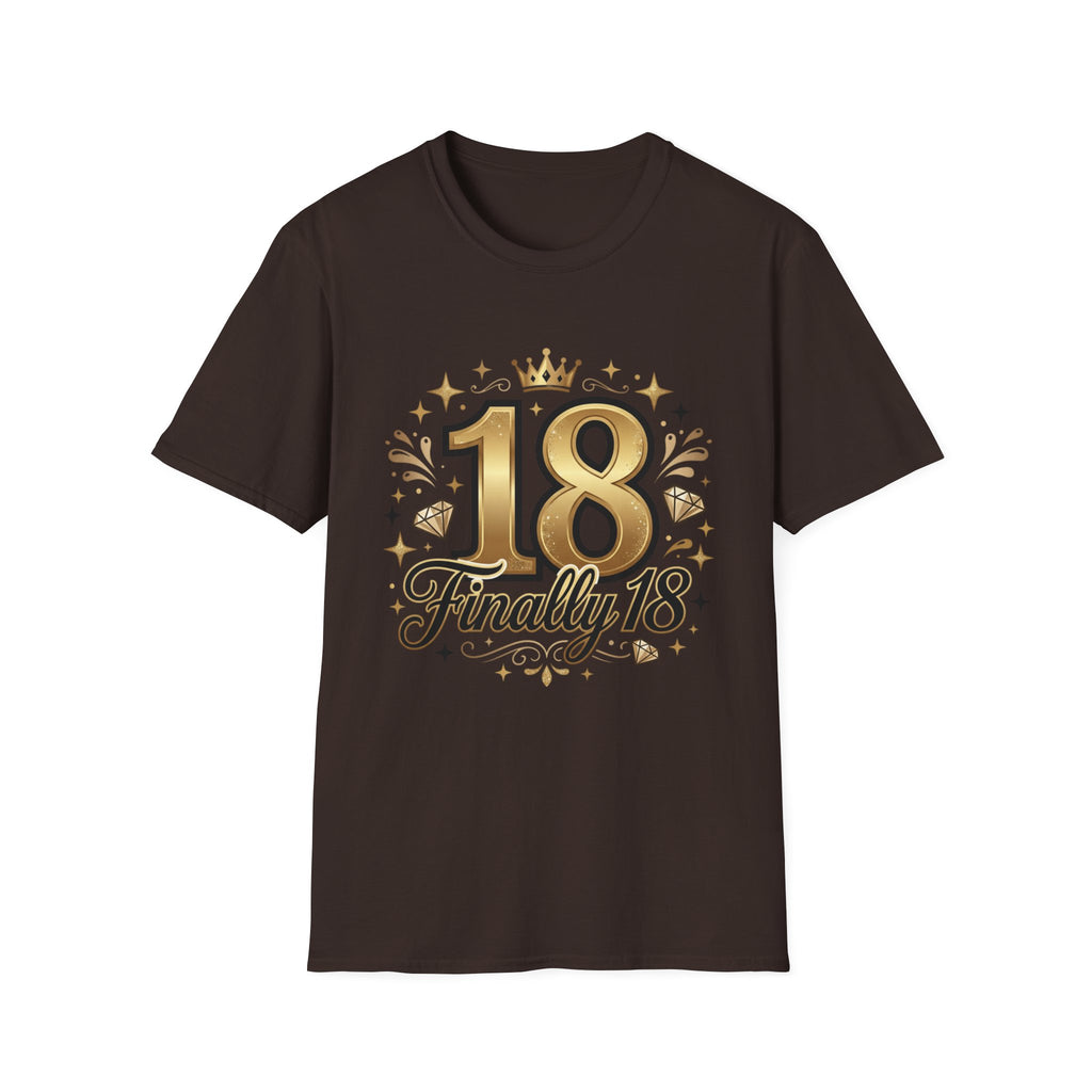 18th Birthday T-Shirt — "Finally 18" Gold Celebration Tee