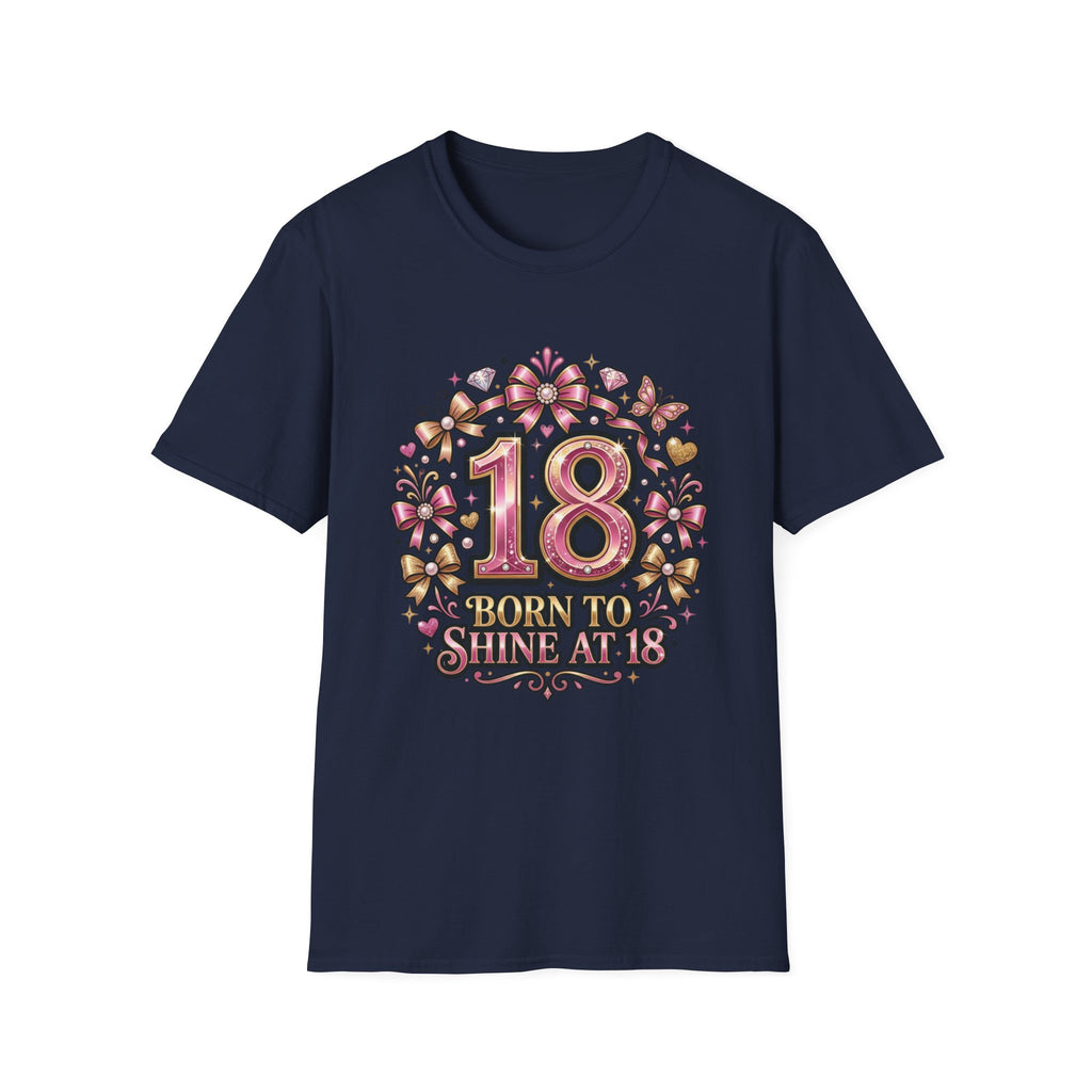 18th Birthday T-Shirt — "Born to Shine at 18" Pink Sparkle Celebration Tee
