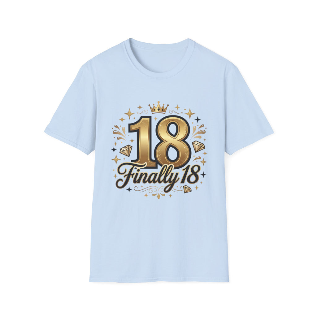 18th Birthday T-Shirt — "Finally 18" Gold Celebration Tee