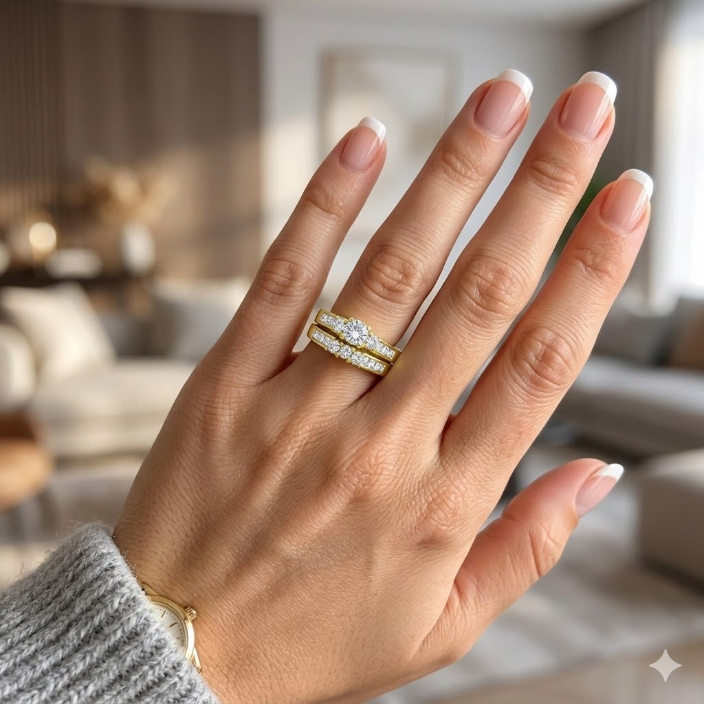 His Hers Couples Ring Set 14K Gold Plated Small Round CZ Wedding Ring Set Mens Matching Gold Plated Band