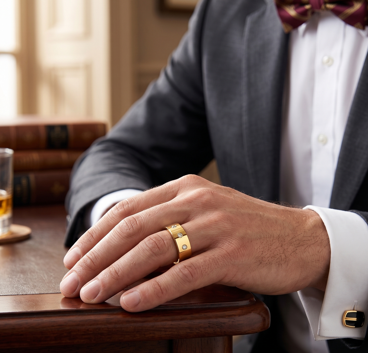 Modern 8mm Gold Plated Tungsten Ring for Men – Scratch-Resistant 3-Stone Statement Band