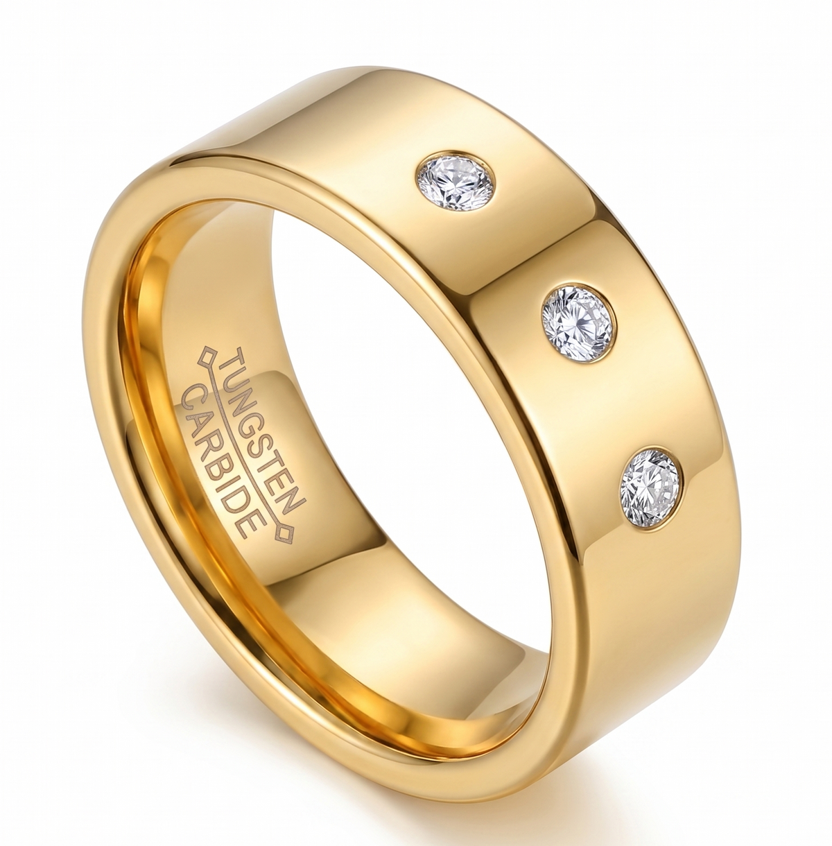 Modern 8mm Gold Plated Tungsten Ring for Men – Scratch-Resistant 3-Stone Statement Band